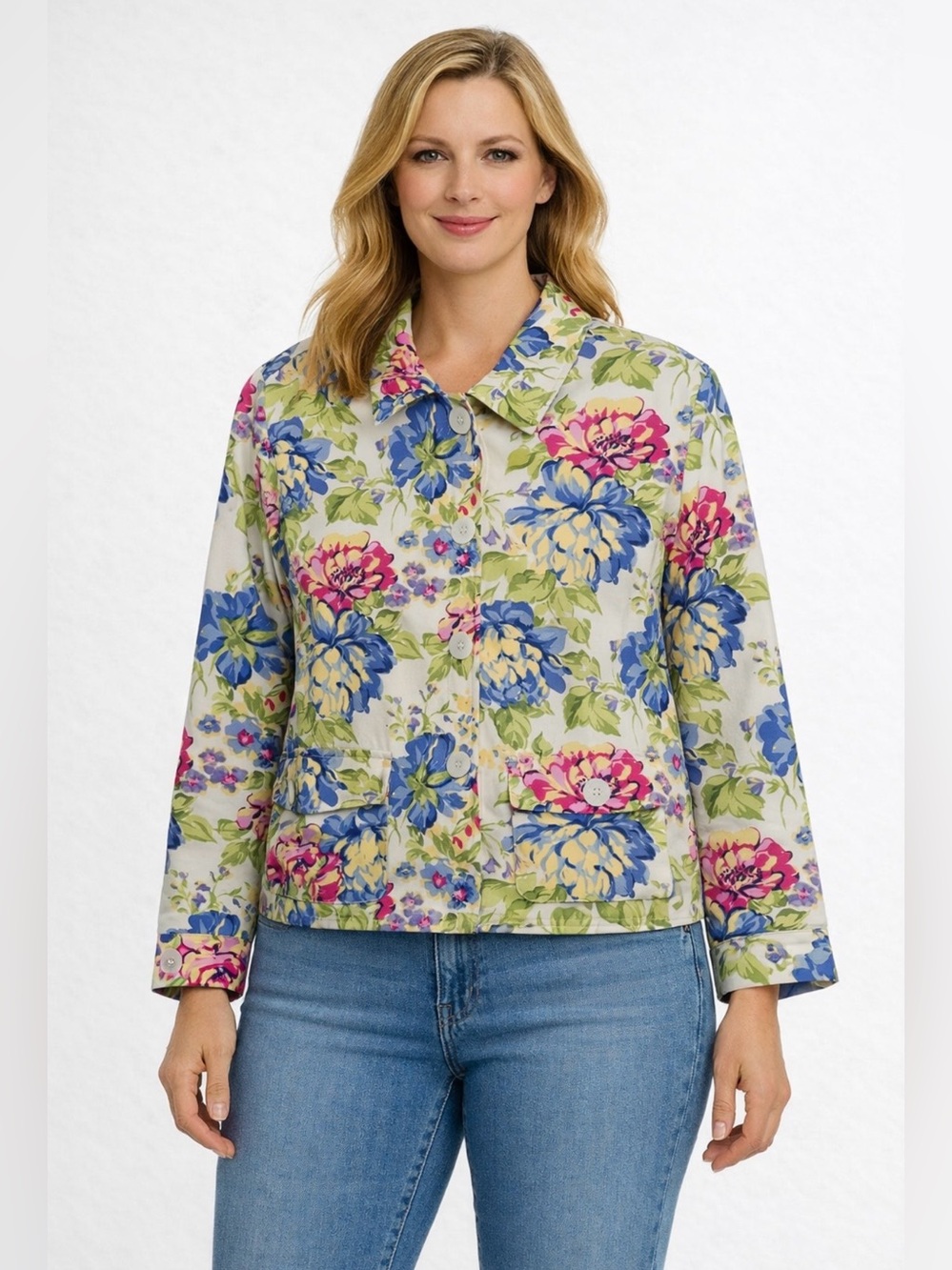 Appleseeds Women’s Off-White Floral Print  100% Cotton Jacket Pockets Size 12